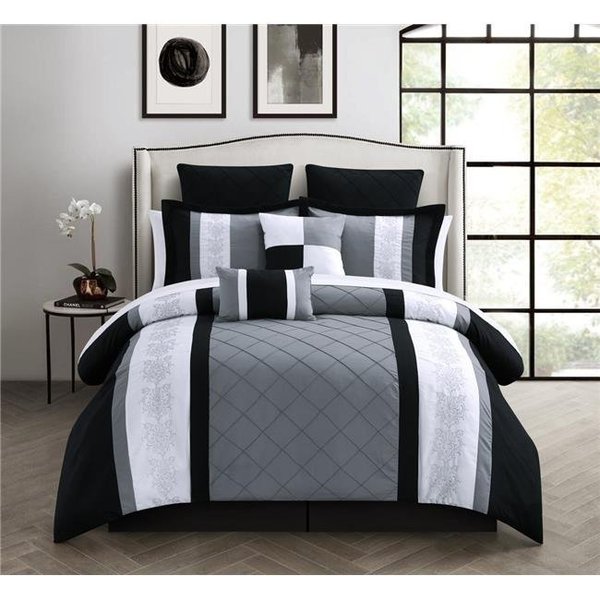 Fixturesfirst 35-89-K-12-US Livingston 12 Piece Bed in a Bag Embroidered Comforter Set with 4 Piece Sheet Set; Black - King FI213266